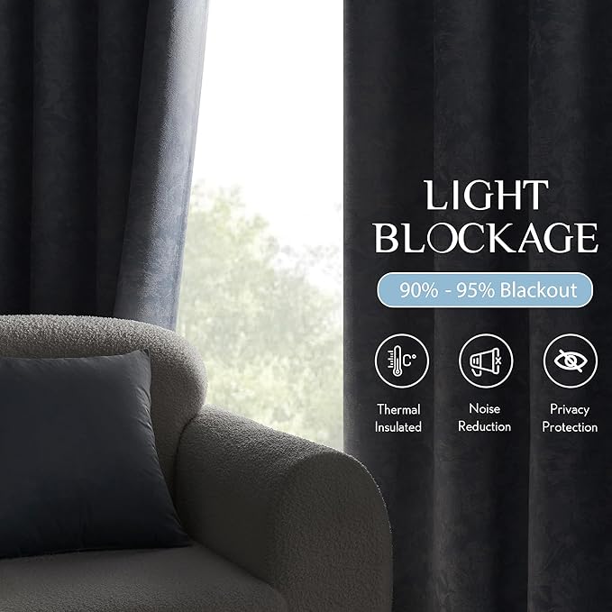 Beauoop Blue Floral Jacquard Blackout Curtains 63 Inches Long 2 Panels for Bedroom Living Room Chenille Flower Room Darkening Thermal Insulated Soundproof Rod Pocket Back Tab Window Drapes, 52x63