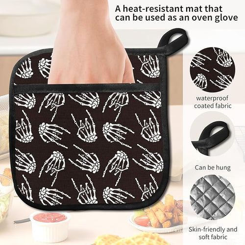 2 Pack Pot Holders for Kitchen Clearance, Cute Hot Pads, Funny Oven Pot Holders, Potholders Sets for Kitchen Heat Resistant Black Skulls Rock