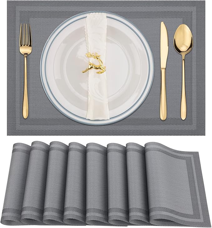 Winknowl Placemats Set of 8，Heat Resistant Woven Vinyl Washable PVC Place Mats，Non-Slip Stain Resistant Indoor/Outdoor Table Mats for Dining Table (Grey)