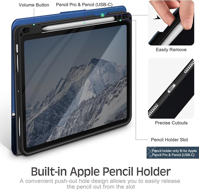 KingBlanc Case for iPad Air 13 inch (M3 2025/M2 2024) with Pencil Holder, Vegan Leather Protective Stand Cover, Auto Wake/Sleep, Multi-Angles for Viewing/Drawing, Supports Pencil Pro/(USB-C), Blue
