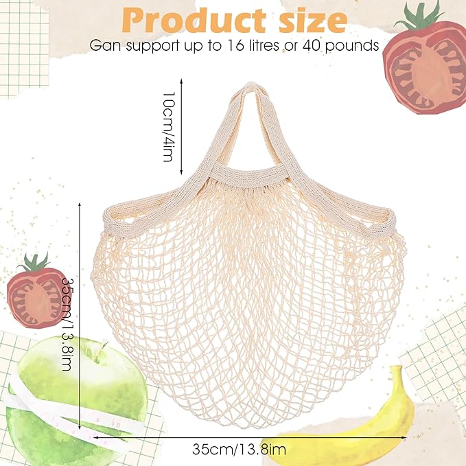 wutfuooo 12 Pieces Reusable Mesh Grocery Bags Portable Cotton Produce Containers Washable Net Mesh Reusable Tote Bag with Handle String Shopping Organizer for Fruit Vegetable Shopping Storage Market