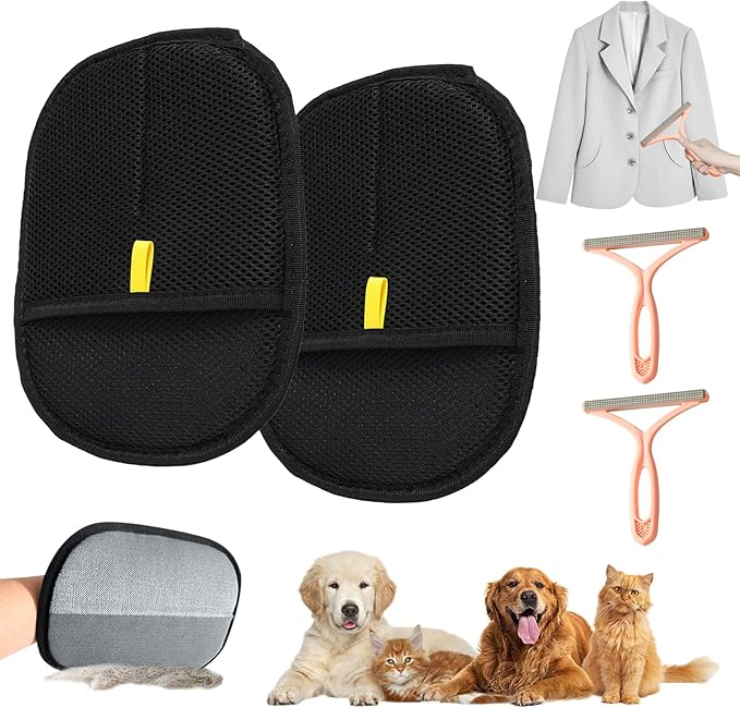 4pcs Pet Hair Remover Glove, Pet Hair Removal Tool, 2025 Electrostatic Pet Hair Removal Gloves for Dogs and Cats,for Pet Hair, for Couch, Clothes, Car, Carpet, Bed, Furniture(Black and pink)