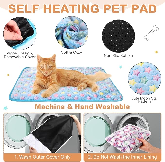 Clysee 4 Pack Self Heating Cat Bed Cat Self Warming Pad with Removable Cover Extra Warm Thermal Pet Pad Washable Pet Crate Mat Anti Slip Kennel for Indoor Outdoor Pets (Small Star,16 x 20 Inches)
