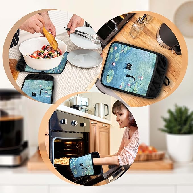 Black Cat in Water Lily Pond Pot Holders with Pockets, Cat Kitchen Decor, Mystical Black Kitten Kitty Oven Pot Holders Heat Resistant Oven Mitts Hot Pads for Kitchen Baking Cooking