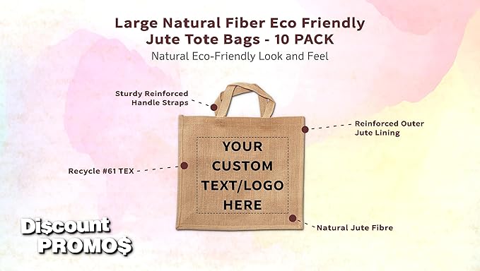 DISCOUNT PROMOS 10 Large Jute Tote Bags Set - Customizable Text, Logo - Sturdy, Recyclable, Reusable, Simple - Natural