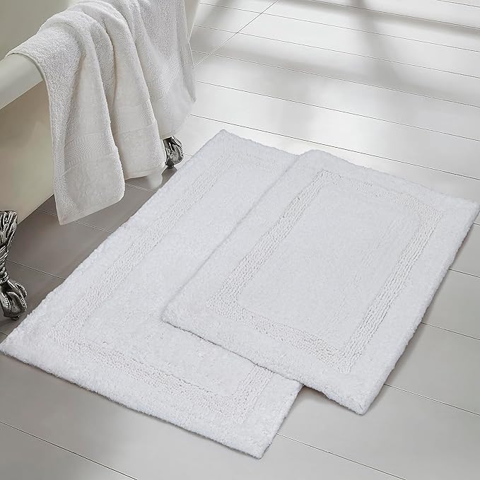 C23 Luxury 2200 GSM Heavyweight Bath Mat (Pack of 2) | 100% Tufted Cotton 20"x32" & 16"x24" White Thick & Plush Bathroom Rugs Ultra-Absorbent, Quick Dry, Anti-Slip Natural Latex Back, Machine Washable