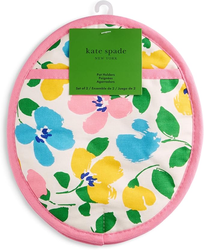 Kate Spade New York Painterly Bouquet Pot Holder 2-Pack Set, Heat Resistant, 100% Cotton with Printed Non-Slip Silicone Grip, Pink/Green/Blue, 8"X10"