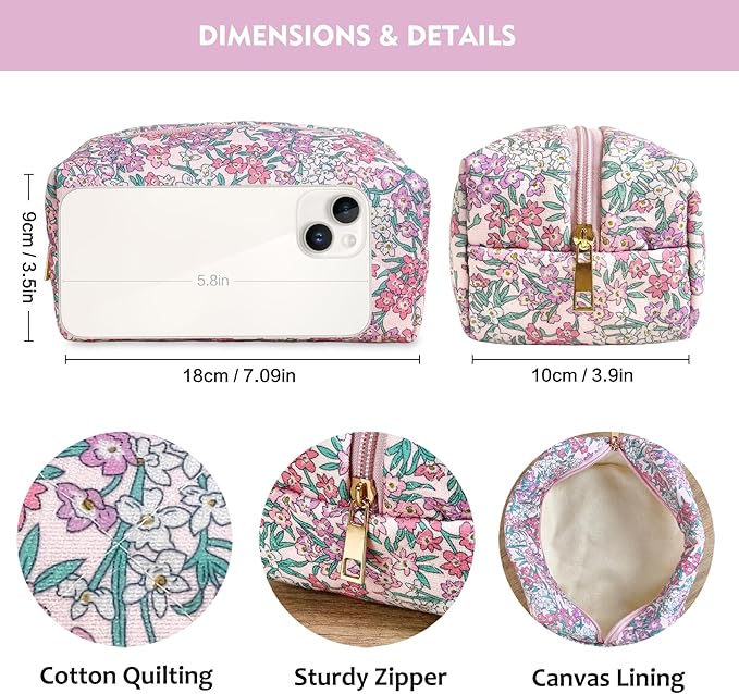 STARDW Cute Quilted Floral Makeup Bag for Women, Large Capacity Travel Toiletry Bag with Zipper and Canvas Lining