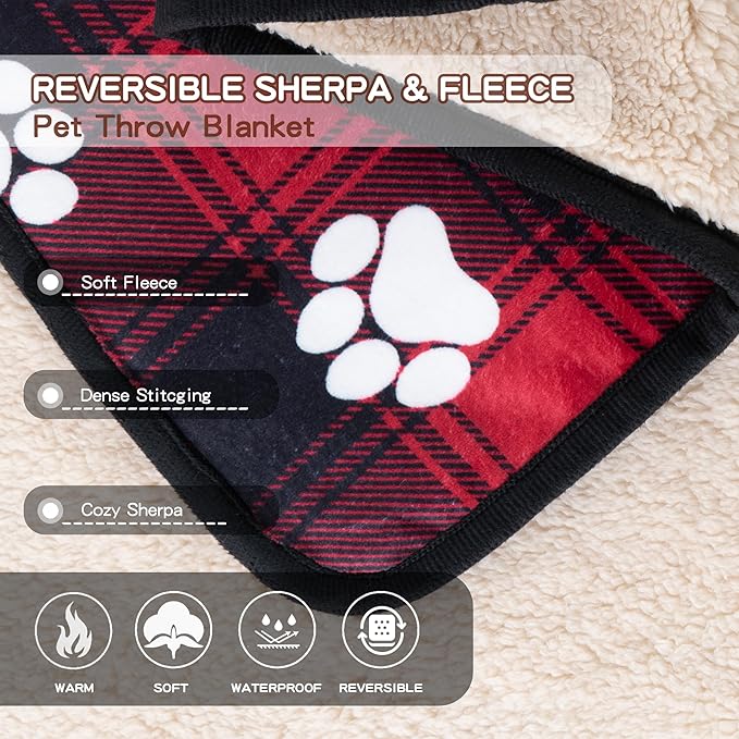 CAPT.SNOOZE Waterproof Dog Blankets Pet Blanket 50"x60", Soft Fluffy Sofa Car Bed Protector, Reversible Sherpa Fleece Dog Blanket for Large Dogs Christmas Decor(Paw Red)