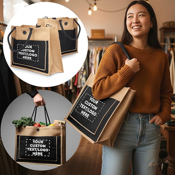 DISCOUNT PROMOS Custom Jute Tote Bags with Cotton Pocket Set of 50, Personalized Bulk Pack - Reusable, Great for Picnic, Camping, Beach, Outdoor Activities - Black