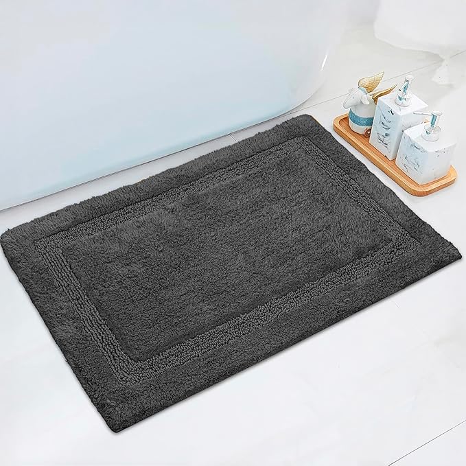 C23 Luxury 2200 GSM Heavyweight Bath Mat (Pack of 2) 100% Tufted Cotton 20"x32" & 16"x24" Charcoal Grey Bathroom Rugs Ultra-Absorbent, Quick Dry, Anti-Slip Natural Latex Back, Machine Washable