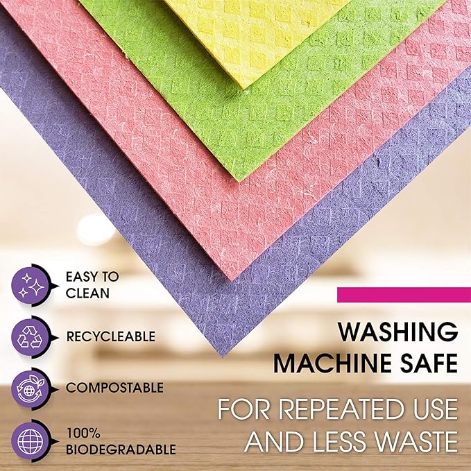 PINK RHINO LABS Swedish Dishcloths – Eco-Friendly Reusable Kitchen Towels – 3 Pack Cleaning Cloths for Dishes, Counters & Surfaces – Super Absorbent, Compostable, Zero-Waste Alternative