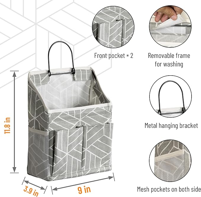 HZZTY BRNY 2pcs Wall Hanging Storage Bag, Small Door Closet Linen Fabric Pockets Organizer, Waterproof Multi Functional for Living Room Bedroom Bathroom Kitchen RV Camper with Hooks Pattern Grey