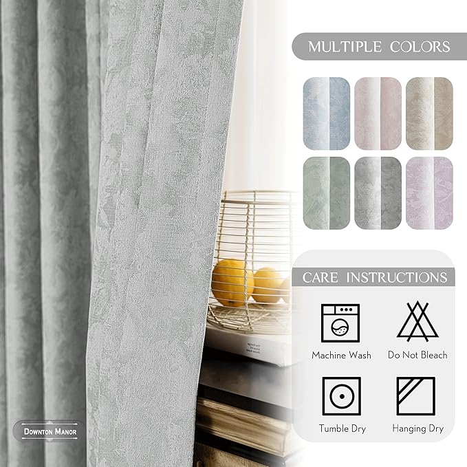 Beauoop Grey Floral Jacquard Blackout Curtains 90 Inches Long 2 Panels for Bedroom Living Room Gray Flower Chenille Room Darkening Thermal Insulated Soundproof Grommet Window Treatments Drapes, 52x90