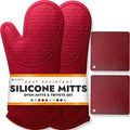 HOMWE Silicone Oven Mitts and Pot Holders, 4-Piece Set, Heavy Duty Cooking Gloves, Kitchen Counter Safe Trivet Mats, Advanced Heat Resistance, Non-Slip Textured Grip (Red)