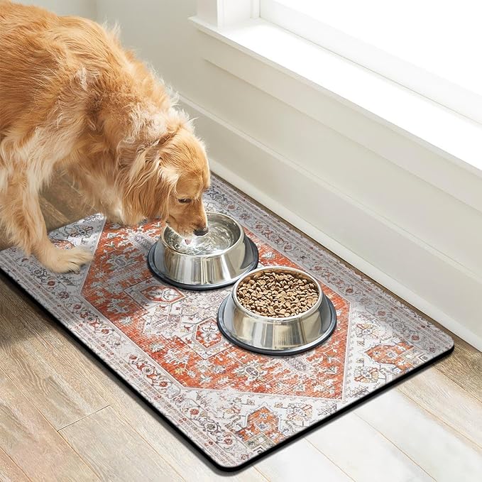 Cuslnox Dog Food Mats for Floors, Absorbent Quick Dry Pet Cat Food Mat, Dog Bowl Mats for Food and Water Dispenser Mat, Eco-Friendly Dog Accessories Pet Supplies 16""x24"", Vintage Orange