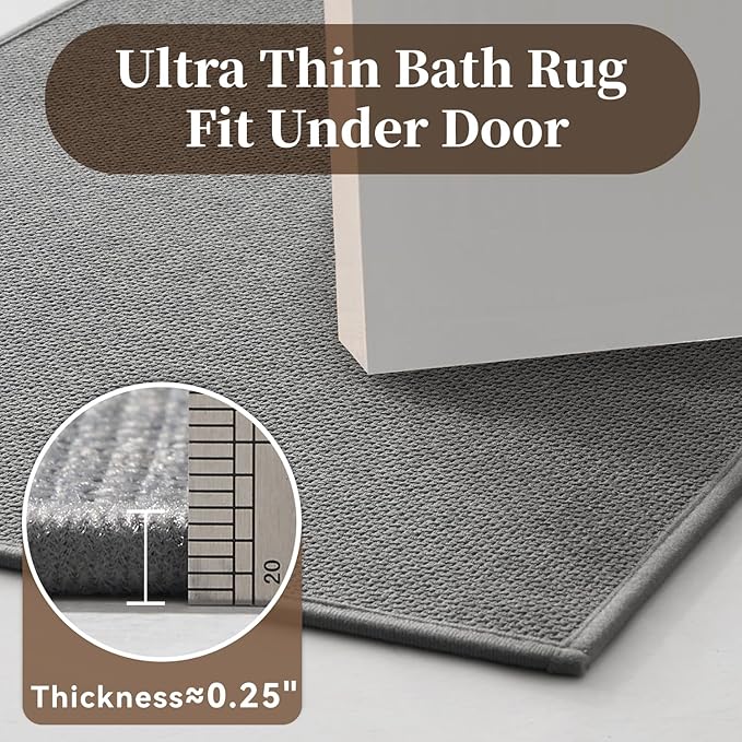 MontVoo Bath Mat Rug-Ultra Thin Non Slip Bath Mats for Bathroom Mat Quick Dry, Rubber Backing Washable Bathroom Rugs Fit Under Door, Absorbent Bath Rugs for Floor,17"x24",Grey