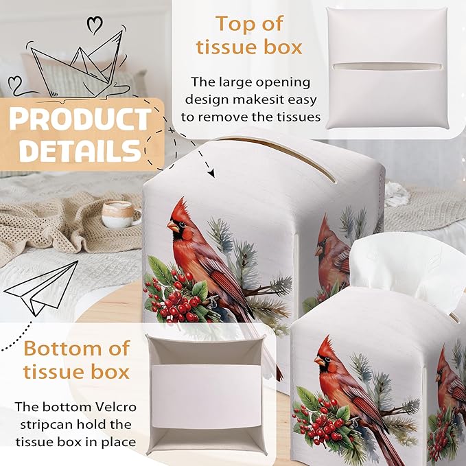 Christmas Tissue Box Holder, Christmas Cardinal Leather Tissue Box Cover Square with Bottom Belt, Paper Facial Decorative Tissues Cover for Night Stands Bathroom Office Home Decor-B11