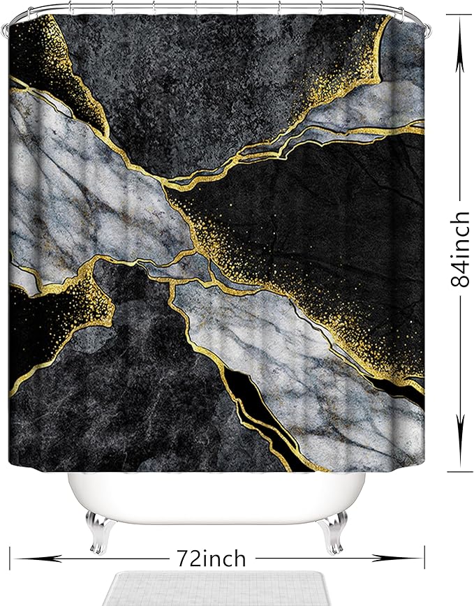 Domoku Marble Waterproof Shower Curtain with Hooks, Machine Washable Easy-Care Fabric Bathroom Curtain for Tub or Shower (Black, 72" W x84 L)