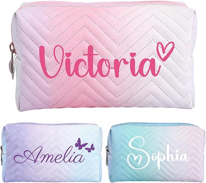 Personalized Makeup Bag with Name, Custom Embroidered Cosmetic Bags for Women Girls, Corduroy Gradient Pouch, Initial Quilted Bag,Travel Toiletry Pouch, Gifts for Bride Bridesmaid , Birthday, Wedding