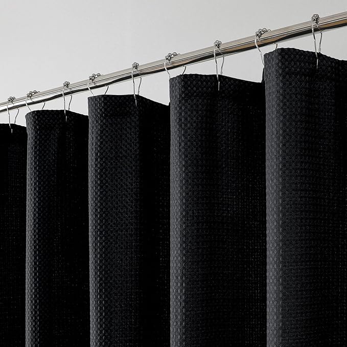 OWENIE Black Shower Curtain 84 Inches Extra Long, Waffle Weave Heavy Fabric Shower Curtain for Bathroom, Waterproof Soft Hotel Spa Luxury Elegant Bath Curtains, Machine Washable, Black, 72x84 Inch