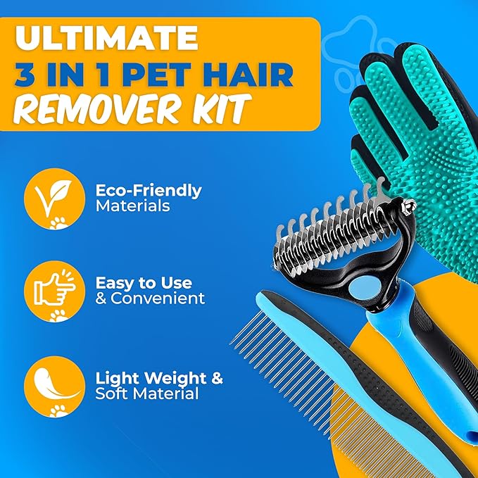 Petandzy Pet Hair Removal Glove + Hair Brush Set – Dog Grooming Gloves for Shedding, Cat Grooming Brush, Cat Hair Brush – Pet Hair Remover Glove for Dogs & Cats, Dog Shedding Tool for All Coats