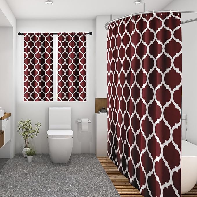 Culudea Quatrefoil Moroccan Burgundy Waffle Cloth Shower Curtain Set, Clover Grid Geometric Plaid Christmas Red Bathroom Window Waterproof Shower Curtains for Bathroom Decor