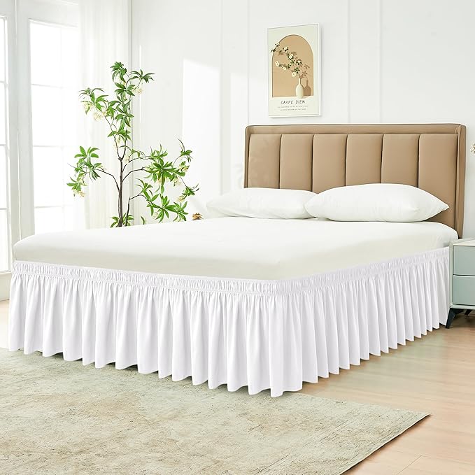 Biscaynebay Wrap Around Bed Skirts for Queen Beds with Short Drop of 12", White Adjustable Elastic Dust Ruffles Easy Fit Wrinkle Resistant Silky Luxurious Fabric Machine Washable