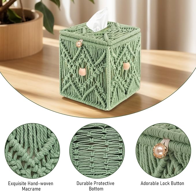 KaloKalo Handmade Tissue Box Cover Decorative Macrame Boho Square Tissue Holder Cotton Rope Woven Napkin Facial Paper Organizer Bohemian Desk Storage Container with Buckle Wood Beads (Light Green)