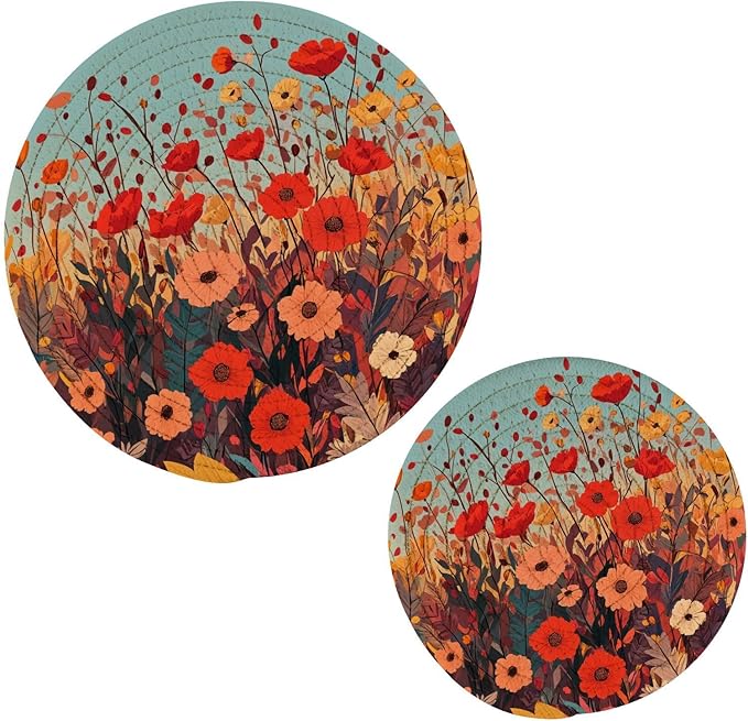 Autumn Poppy Flower Trivets for Hot Dishes Pots and Pans Potholders Woven Trivet Cotton Round Large Pot Holder Decor Heat Resistant Hot Pads Mat for Table Counter Cooking Potholder Set of 2