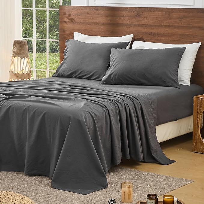 Bedlifes 100% French Pure Linen Sheets King Size Breathable and Cooling Flax Sheet Set Soft Durable and Moisture Wicking 16 Inch Deep Pocket-4 Piece(King,Dark Grey)
