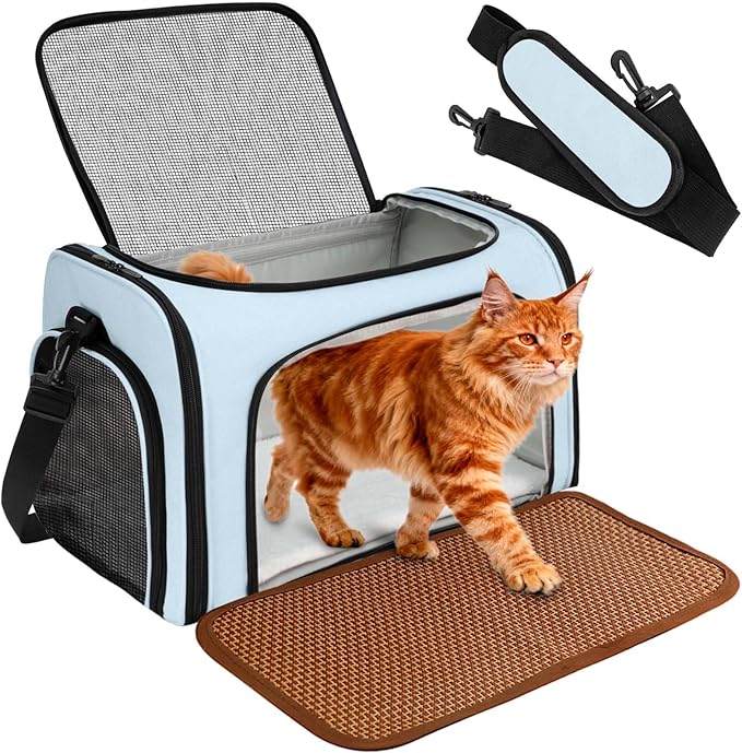 DSDCDJ Cat Carrier Dog Carrier - Soft-Sided Cat Carrier with Plush Pad & Cooling Mat, Easy-Load 4-Side Zipper & 3-Side Mesh Ventilation, Pet Carrier Airline Approved for Cats/Dogs Up to 20 lbs, Blue