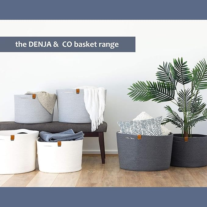 DENJA & CO Extra Large Woven Basket for Storage | Organize Pillows, Toys, and Laundry | Cotton Rope Storage Basket for Blankets, Towels and Nursery Storage | Light Gray (21 inches x 13.8 inches)