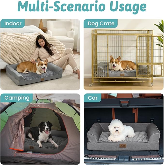 COZY KISS Dog Beds for Extra Large Dog, XXL Bolster Pet Couch with Waterproof Lining, Egg Crate Foam Sofa for Pets Up to 150 lbs, U-Shaped, 48x35x8 inch, Grey