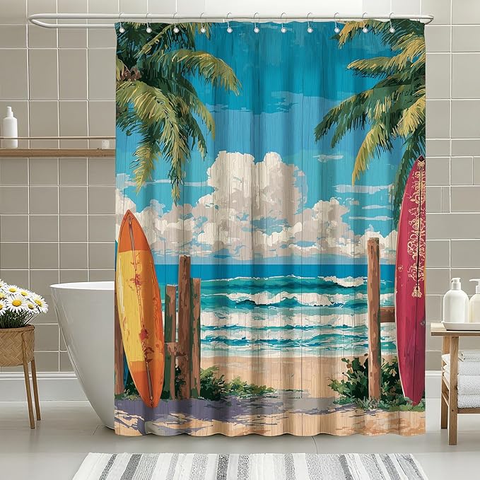 mutakin Coastal Surfboard Shower Curtain Tropical Palm Tree Shower Curtains for Bathroom Waterproof Fabric Bath Curtain Decor with Hooks