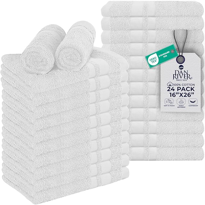DAN RIVER 100% Cotton Salon Towels Set – 16x26 inches, Pack of 24, Highly Absorbent and Quick-Dry Towels for Hand, Salon, Spa, Beauty, Gyms and Home Hair Care, White