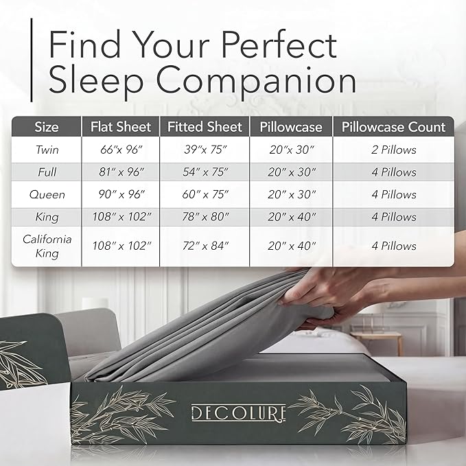 DECOLURE 100% Viscose Derived from Bamboo Sheets Full Size - Luxury 6 Pc Naturally Cooling Sheets, Ultra Soft Bed Set - Deep 17" Pockets, Durable Double Stitching, Oeko Tex Standard (Midgrey)