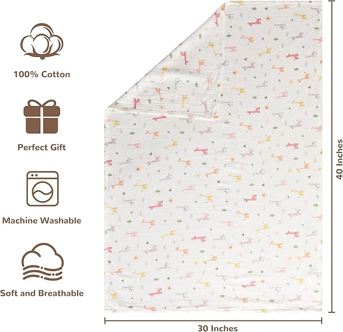 NTBAY 4 Layer Muslin Cotton Toddler Blanket, 30x40 Soft and Breathable Receiving for Newborns and Infants, Perfect for Crib, Stroller, Travel, Lightweight Nursery Blanket, Cartoon Giraffe