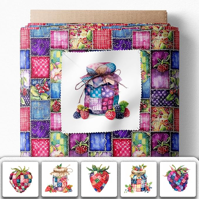 Patchwork Berry Jar Cotton Fabric Panel – 6 Designs (10×10 inch Each) + Bonus Sheet 29.5×19.6 inch, 100% Cotton 140 GSM, Made in Türkiye