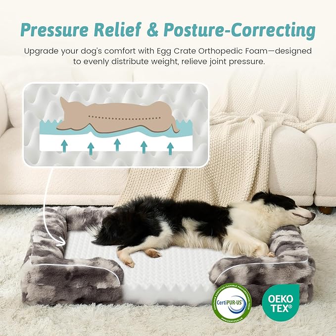 COZY KISS Orthopedic Dog Bed for Large Size Dog, Soft Warm Faux Fur Extra Large Sofa for Pet Up to 100 lbs, Foam Bolster Anti-Slip Couch with Washable Removable Cover, XL 44x32x7 inch, Tie Dye Grey