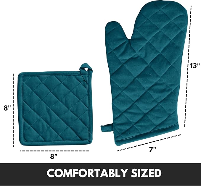 Oven Mitt & Pot Holder 100% Cotton Heat Resistant Kitchen Oven Mitt (7"x13") & Pot Holder (8"x8") for Gifts, Chef, Restaurants - Teal
