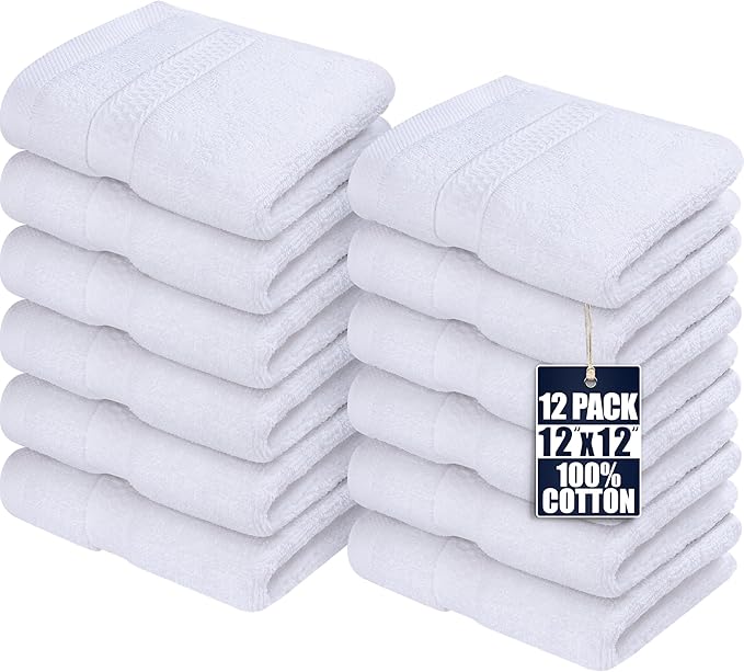 Utopia Towels 12 Pack Premium Wash Cloths Set, 12 by 12 Inches, 100% Cotton Ring Spun, Highly Absorbent and Soft Feel Essential Washcloths for Bathroom, Spa, Gym, and Face, White