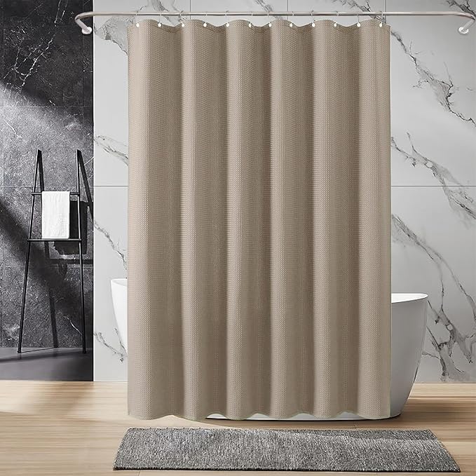 Inhousolu Fabric Shower Curtain Waffle Weave, 230 GSM Heavy Duty, Weighted Hem, 14 Metal Hooks, Water Repellent, Machine Washable, Hotel Spa Luxury Bath Curtain Set, 72 x 72 Inch, Beige