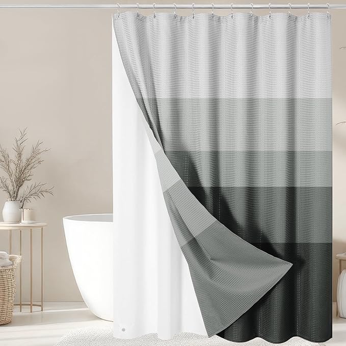 Nesphy Shower Curtain and Liner, Black Ombre Grey Striped 3 in 1 Shower Curtain and PEVA Liner Set with 12 Rust-Resistant Metal Hooks, Waterproof Fabric Shower Curtains for Bathroom, 72 W x 72 H