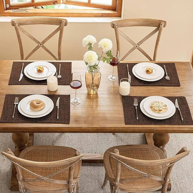 Blue Forest Placemats Set of 8, Dual-Layered Thickened Faux Linen Cloth Place Mats Heat Resistant Machine Washable Wrinkle Free Table Mats Indoor/Outdoor (Brown)