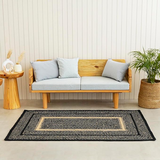 Traditional Jute Braided Runner Rug, Rustic Primitive Country Décor for Kitchen, Entryway, Hallway, Desert Black, 2'X14'