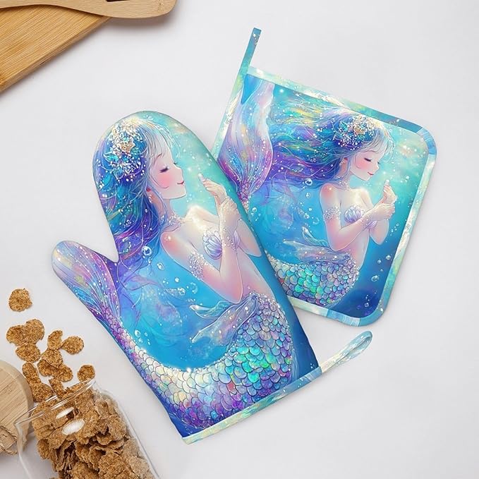 Oven Mitts Pot Holders Set Mermaid Childish Blue Sea Silicone Kitchen Gloves Potholders Heat Resistant for Chef Baking Cooking Grilling BBQ 4 Pack Mitt