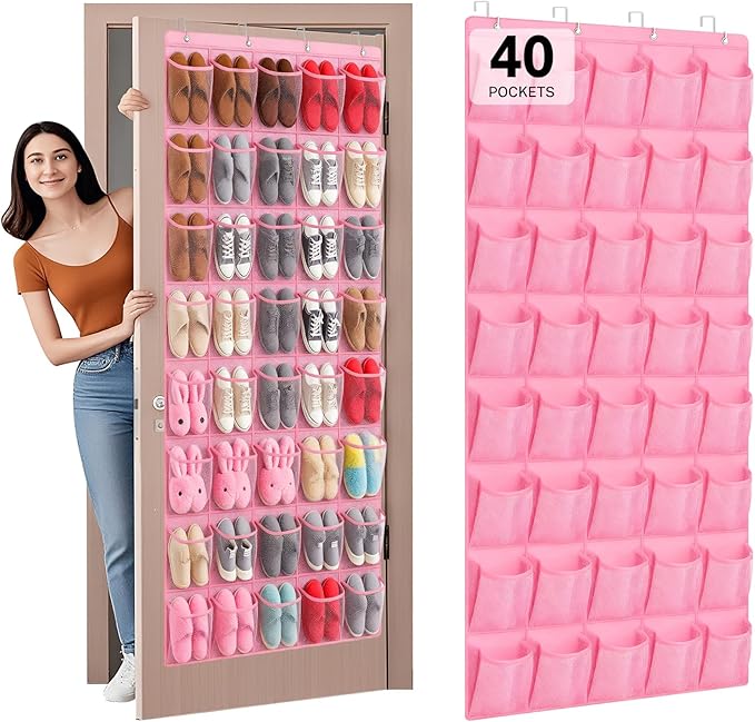 Hualleko 40-Pocket Over the Door Shoe Organizer - Large Mesh Pocket Hanging Shoe Organizer,Behind the Door Shoes Storage Holder Hanger (Pink)