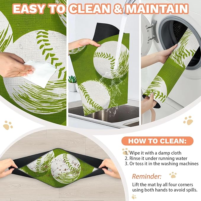Eizlang Baseball Dog Cat Food Mat,12"x20" Inches Rapid Absorbent Pet Feeding Mat,Green Pets Placemat Water Bowl Mats with Rubber Backing,No Stains Cat Dog Feeding Mats Indoor,Pet Accessories Supplies