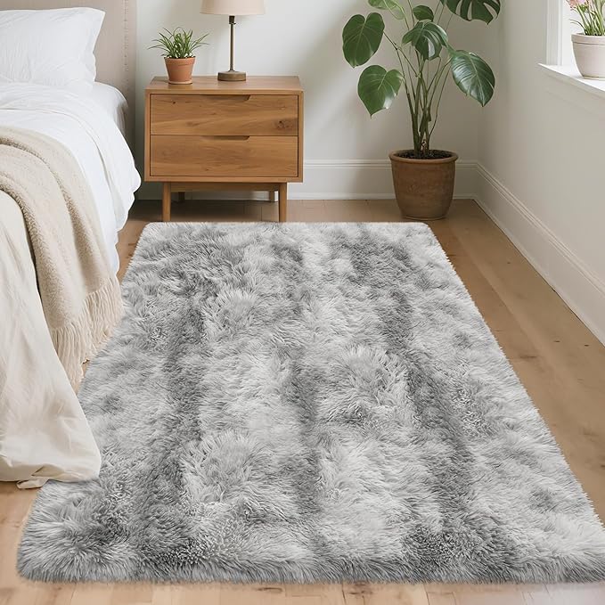 4x6 Ft Light Grey Large Area Rugs for Bedroom,Fluffy Furry Rug Floor Carpets Shaggy Playing Mat for Kids Baby Girls Room Nursery Home Decor Tie Dyed Gray Thick Rugs Fuzzy Home Decor